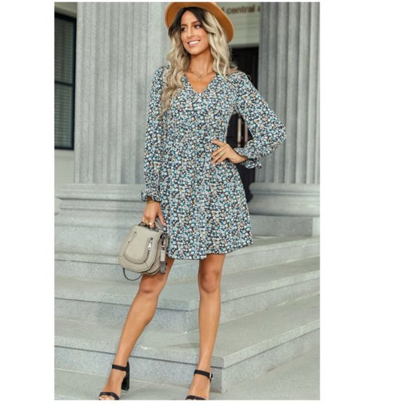 Floral Decorative Button Mini Dress - Picture 14 of 14